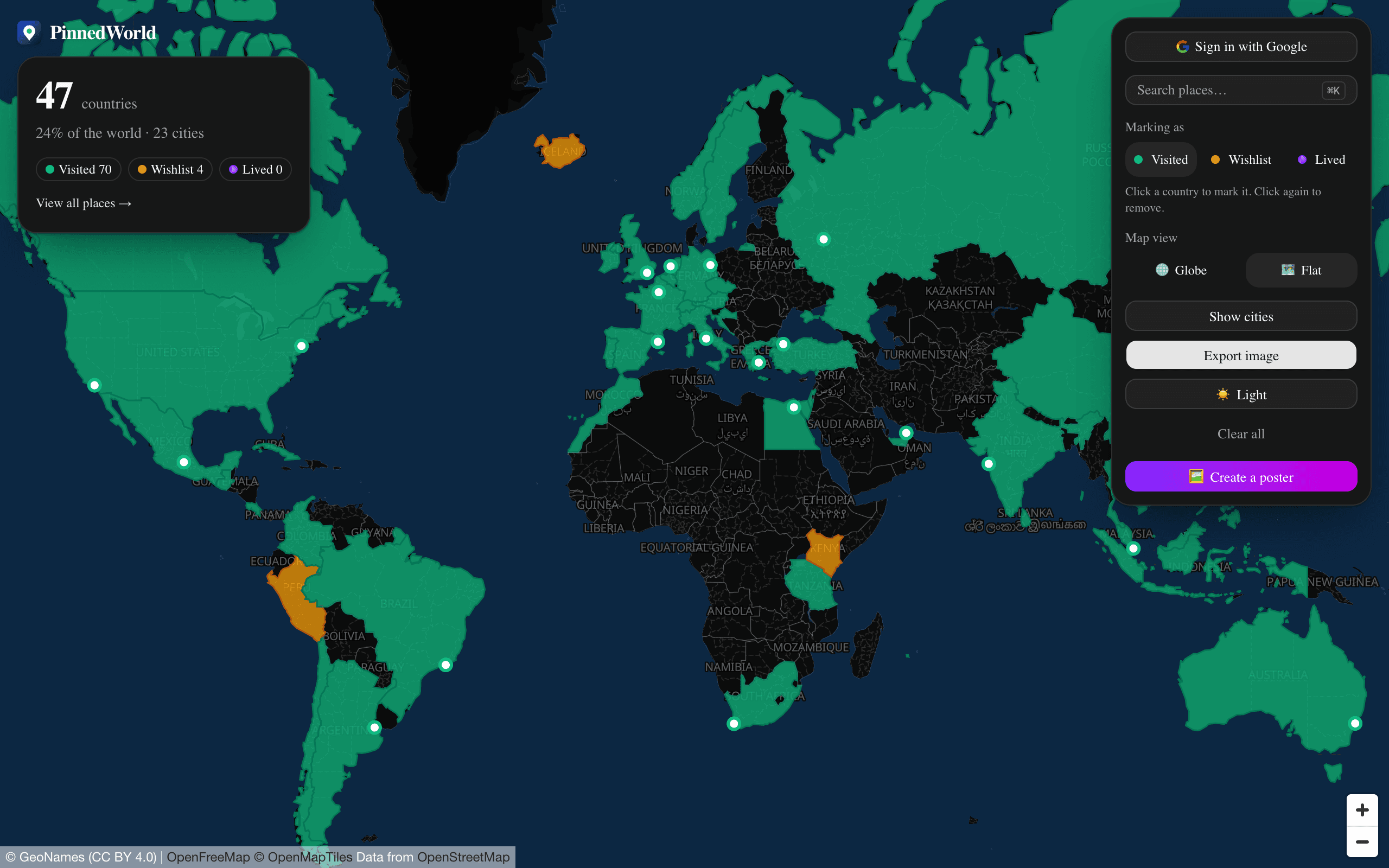 PinnedWorld interactive world map with visited countries filled in and cities pinned